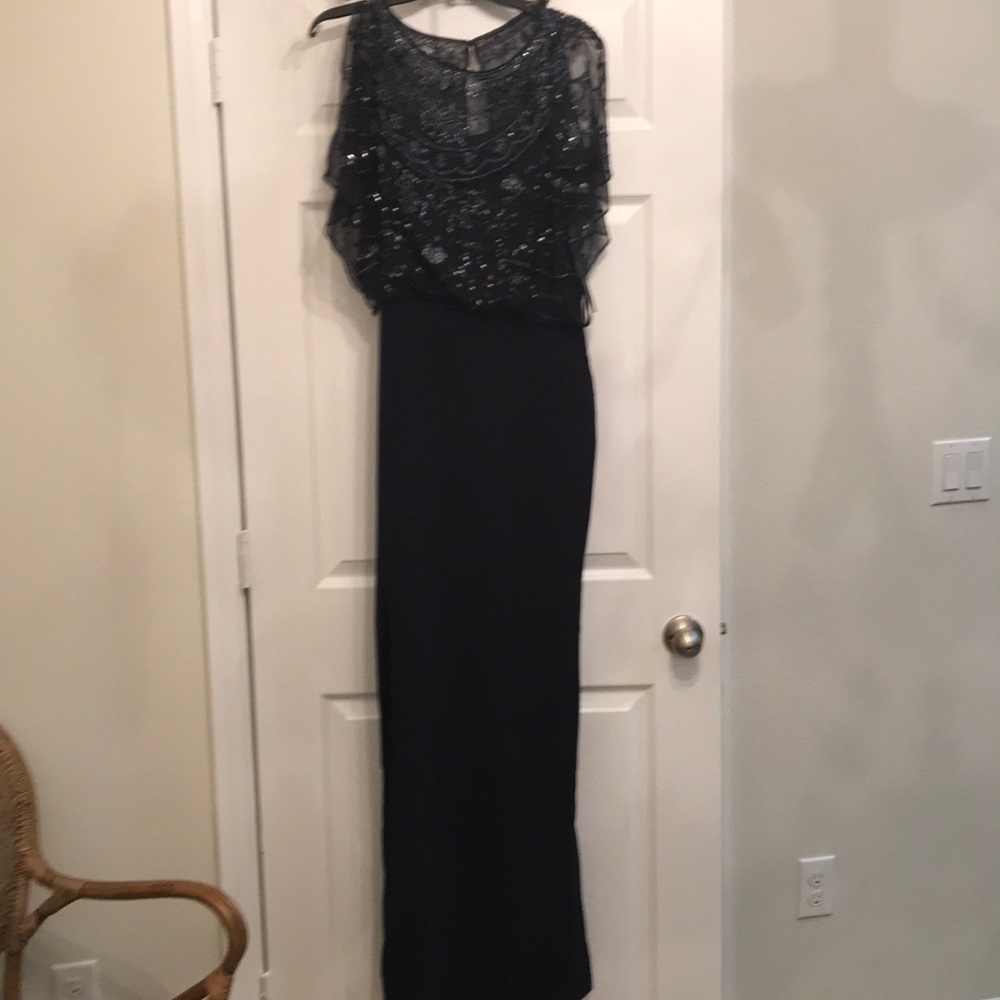 Beaded top side slit navy gown